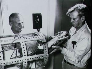 The Rhesus monkey, Miss Sam, with fiberglass couch, prepared for LJ-1B flight